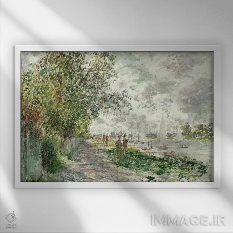 تابلو ساحل رودخانه در ژنوویه، حدود ۱۸۷۵ (فرانسه) اثر کلود مونه (نقاش معروف فرانسوی) - نمای قابدار سفید