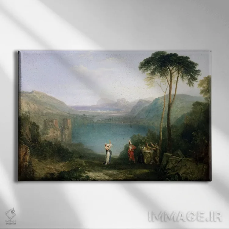 تابلو دریاچهٔ آورنس: آئنیاس و سیبل کومهای، حدود ۱۸۱۴-۱۵ (اسطوره روم) اثر جی.ام.دبلیو. ترنر (نقاش بزرگ انگلیسی) - نمای روبهرو روی دیوار