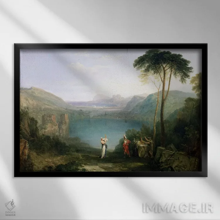 تابلو دریاچهٔ آورنس: آئنیاس و سیبل کومهای، حدود ۱۸۱۴-۱۵ (اسطوره روم) اثر جی.ام.دبلیو. ترنر (نقاش بزرگ انگلیسی) - نمای قابدار مشکی