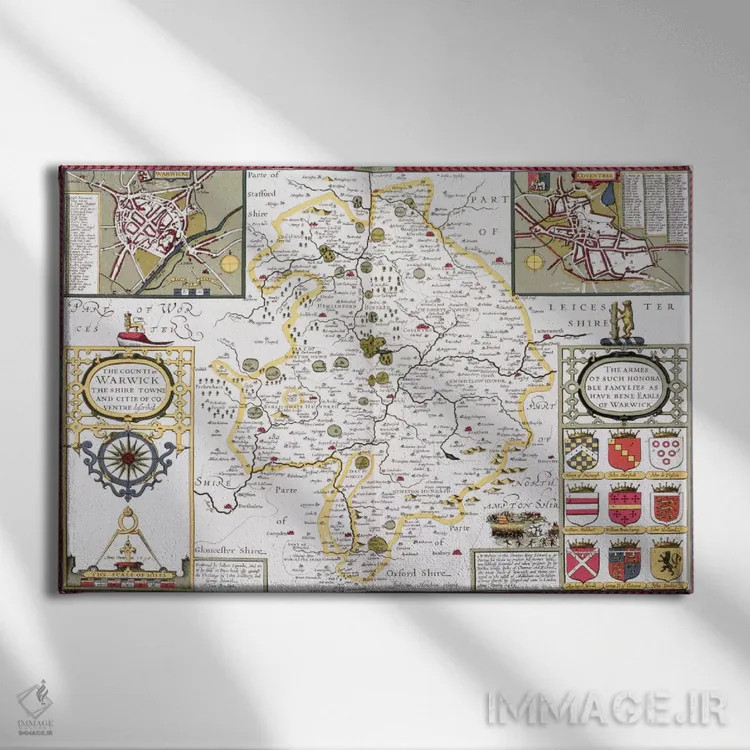 تابلو شهرستان وارویک، مرکز شایر و شهر کاونتری، حکاکیشده توسط یودوکوس هوندیوس (نقشه تاریخی انگلستان) اثر جان اسپید - نمای روبهرو روی دیوار