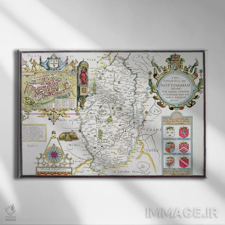 تابلو شهرستان ناتینگهام، حکاکیشده توسط یودوکوس هوندیوس (نقشه تاریخی انگلستان) اثر جان اسپید - نمای روبهرو روی دیوار
