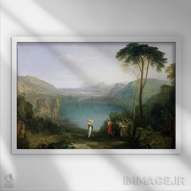 تابلو دریاچهٔ آورنس: آئنیاس و سیبل کومهای، حدود ۱۸۱۴-۱۵ (اسطوره روم) اثر جی.ام.دبلیو. ترنر (نقاش بزرگ انگلیسی) - نمای قابدار سفید