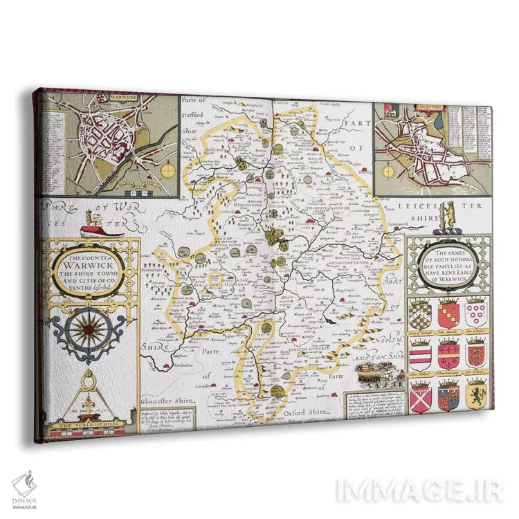 تابلو شهرستان وارویک، مرکز شایر و شهر کاونتری، حکاکیشده توسط یودوکوس هوندیوس (نقشه تاریخی انگلستان) اثر جان اسپید - نمای پرسپکتیو محصول
