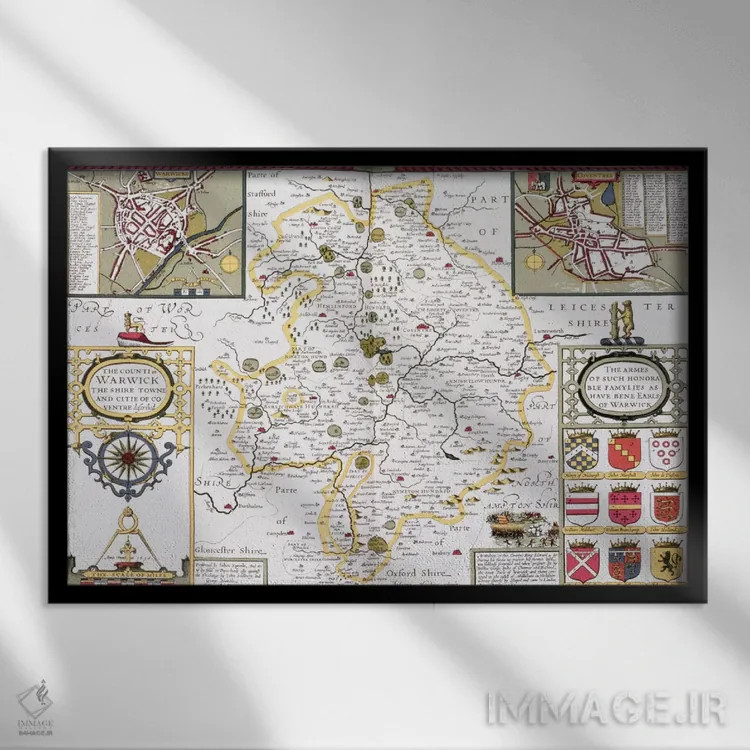 تابلو شهرستان وارویک، مرکز شایر و شهر کاونتری، حکاکیشده توسط یودوکوس هوندیوس (نقشه تاریخی انگلستان) اثر جان اسپید - نمای قابدار مشکی