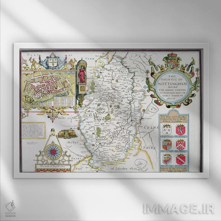 تابلو شهرستان ناتینگهام، حکاکیشده توسط یودوکوس هوندیوس (نقشه تاریخی انگلستان) اثر جان اسپید - نمای قابدار سفید