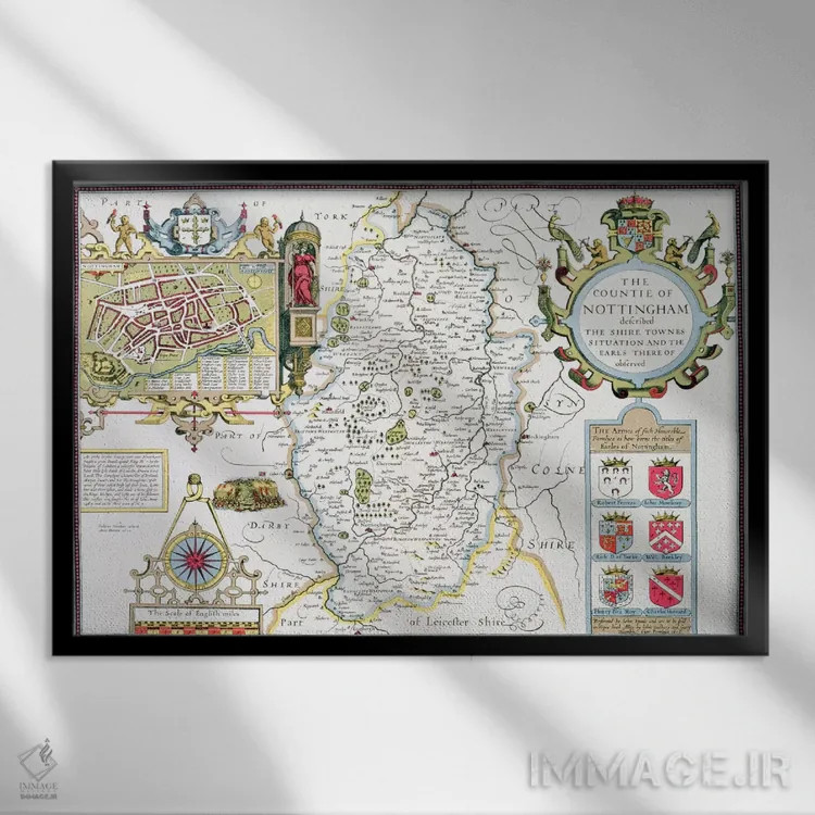 تابلو شهرستان ناتینگهام، حکاکیشده توسط یودوکوس هوندیوس (نقشه تاریخی انگلستان) اثر جان اسپید - نمای قابدار مشکی