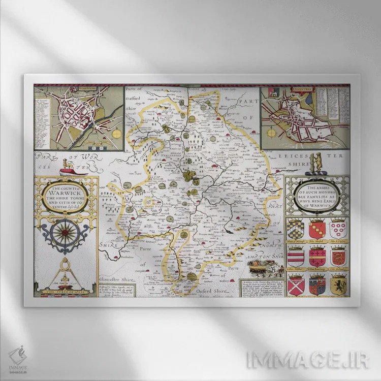 تابلو شهرستان وارویک، مرکز شایر و شهر کاونتری، حکاکیشده توسط یودوکوس هوندیوس (نقشه تاریخی انگلستان) اثر جان اسپید - نمای قابدار سفید