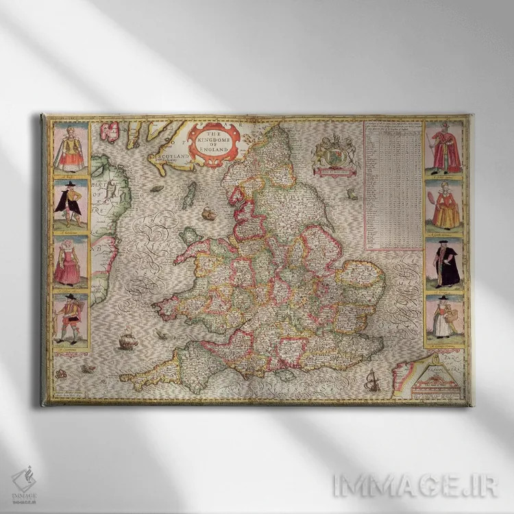 تابلو پادشاهی انگلستان، حکاکیشده توسط یودوکوس هوندیوس (نقشه تاریخی) اثر جان اسپید - نمای روبهرو روی دیوار