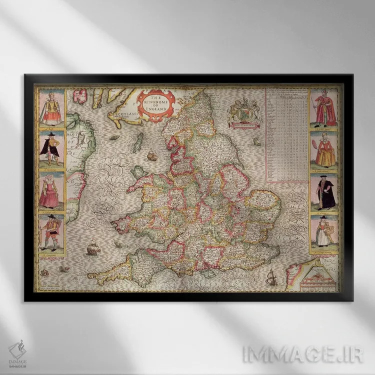 تابلو پادشاهی انگلستان، حکاکیشده توسط یودوکوس هوندیوس (نقشه تاریخی) اثر جان اسپید - نمای قابدار مشکی