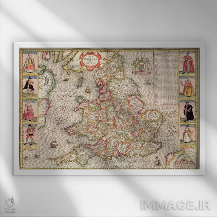 تابلو پادشاهی انگلستان، حکاکیشده توسط یودوکوس هوندیوس (نقشه تاریخی) اثر جان اسپید - نمای قابدار سفید