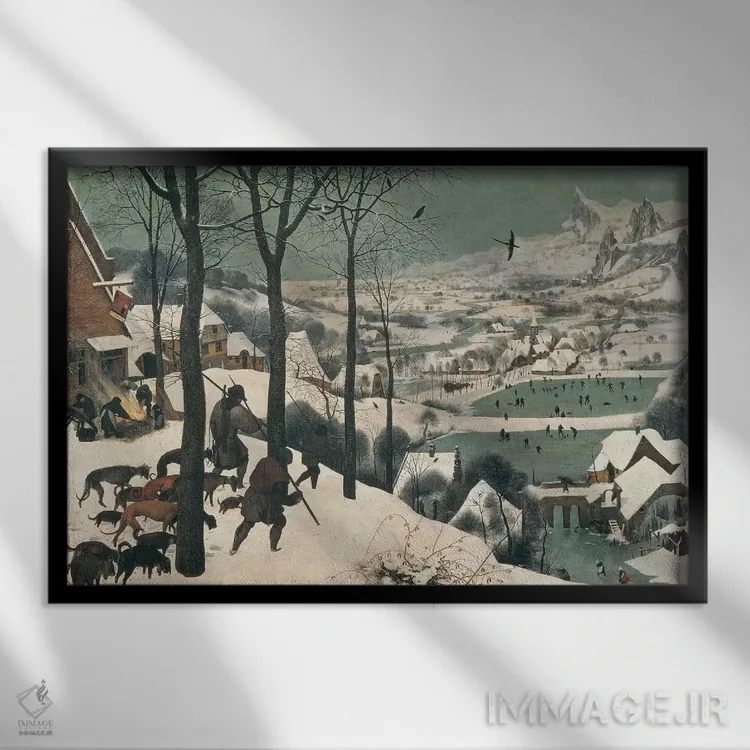 تابلو شکارچیان در برف اثر پییتر بروگل پدر (نقاش هلندی) - نمای قابدار مشکی