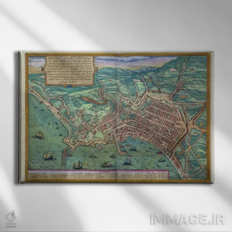 تابلو نقشهٔ ناپل، از کتاب "سیویته اوربیس تراروم" اثر گئورگ براون (نقشه تاریخی) اثر یوریس هوفناگل - نمای روبهرو روی دیوار