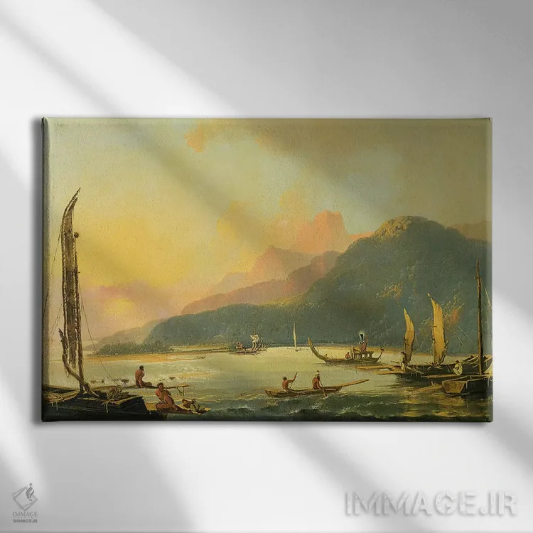 تابلو قایقهای جنگی تاهیتیایی در خلیج ماتاوی، تاهیتی، ۱۷۶۶ اثر ویلیام هاجز - نمای روبهرو روی دیوار