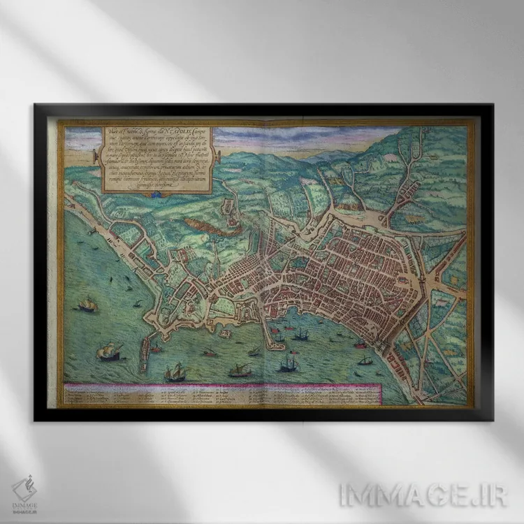 تابلو نقشهٔ ناپل، از کتاب "سیویته اوربیس تراروم" اثر گئورگ براون (نقشه تاریخی) اثر یوریس هوفناگل - نمای قابدار مشکی