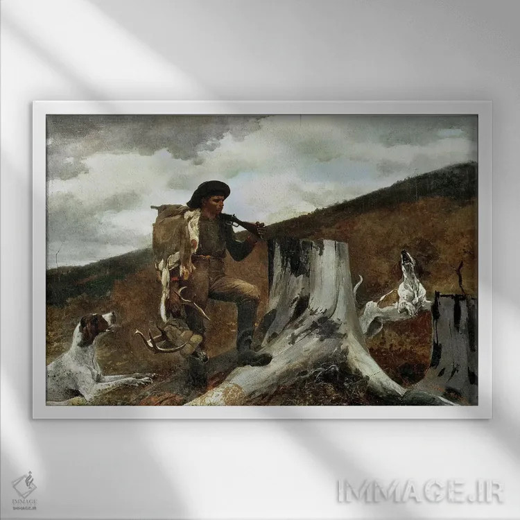 تابلو شکارچی و سگهایش، ۱۸۹۱ اثر وینسلو هومر - نمای قابدار سفید