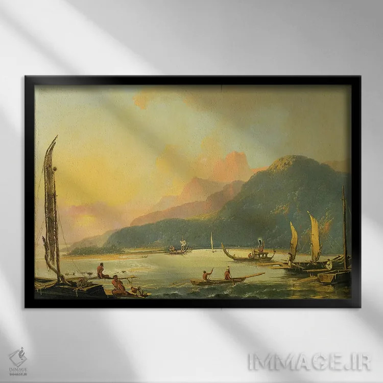 تابلو قایقهای جنگی تاهیتیایی در خلیج ماتاوی، تاهیتی، ۱۷۶۶ اثر ویلیام هاجز - نمای قابدار مشکی