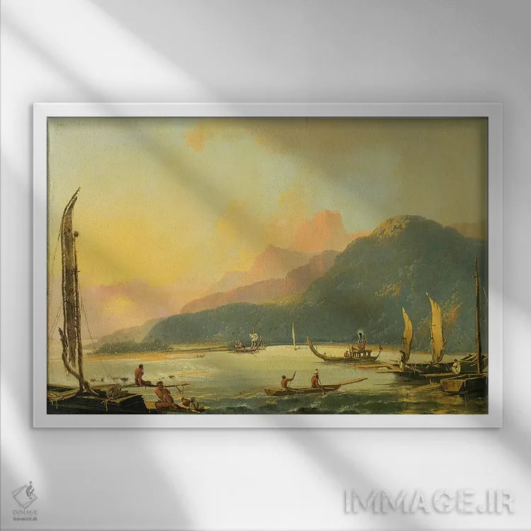 تابلو قایقهای جنگی تاهیتیایی در خلیج ماتاوی، تاهیتی، ۱۷۶۶ اثر ویلیام هاجز - نمای قابدار سفید