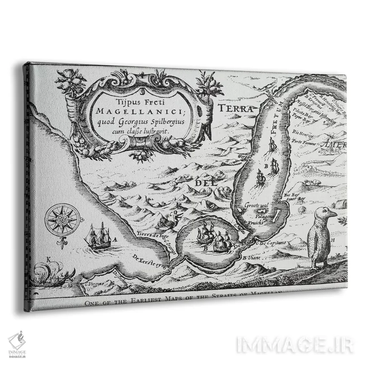 تابلو یکی از نخستین نقشههای تنگه ماژلان، از کتاب "رمانس رودخانه پلاته"، جلد اول، اثر دبلیو. اچ. کوبل، ۱۹۱۴ اثر مکتب پرتغالی (جمعی از هنرمندان مدرسه پرتغال) - نمای پرسپکتیو محصول