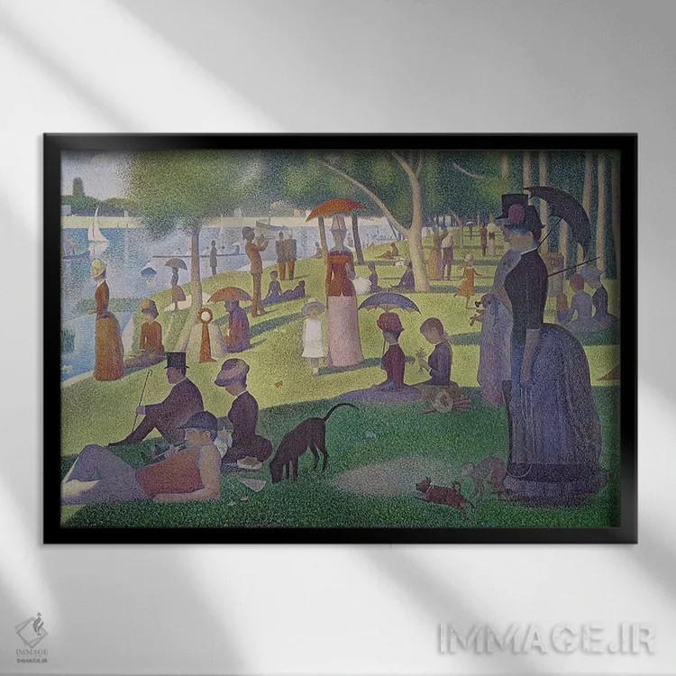 تابلو بعدازظهر یکشنبه در جزیره لا گران ژات، ۱۸۸۴-۸۶ (فرانسه) اثر ژرژ سورا (نقاش نئوامپرسیونیست فرانسوی) - نمای قابدار مشکی