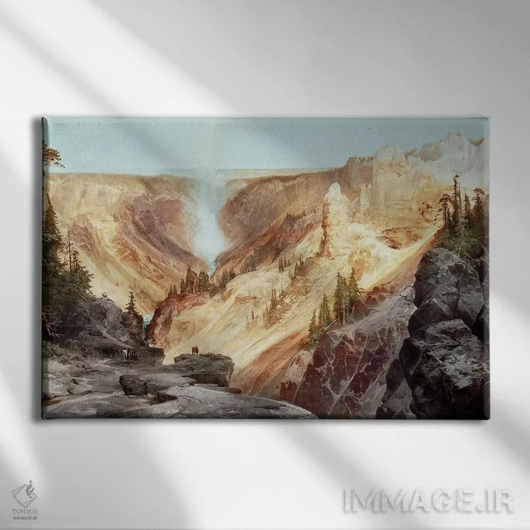 تابلو دره بزرگ یلواستون، ۱۸۷۲ (آمریکا) اثر توماس موران (نقاش منظره آمریکایی) - نمای روبهرو روی دیوار