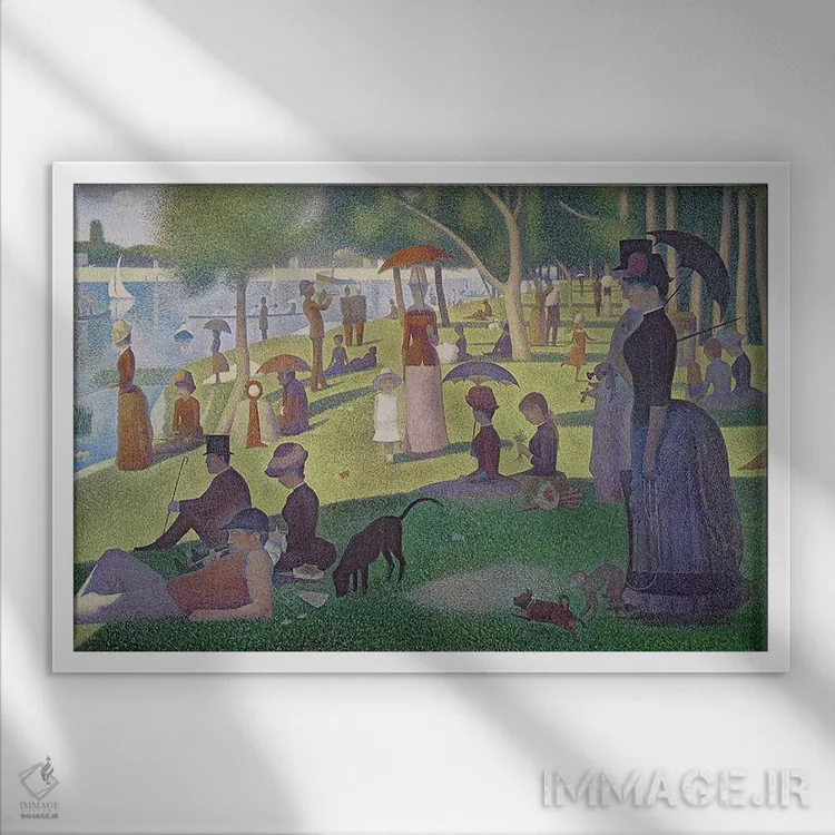 تابلو بعدازظهر یکشنبه در جزیره لا گران ژات، ۱۸۸۴-۸۶ (فرانسه) اثر ژرژ سورا (نقاش نئوامپرسیونیست فرانسوی) - نمای قابدار سفید