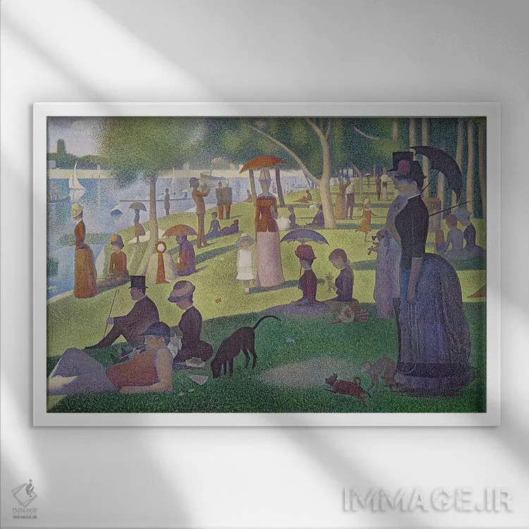 تابلو بعدازظهر یکشنبه در جزیره لا گران ژات، ۱۸۸۴-۸۶ (فرانسه) اثر ژرژ سورا (نقاش نئوامپرسیونیست فرانسوی) - نمای قابدار سفید