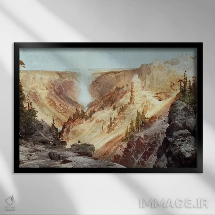 تابلو دره بزرگ یلواستون، ۱۸۷۲ (آمریکا) اثر توماس موران (نقاش منظره آمریکایی) - نمای قابدار مشکی