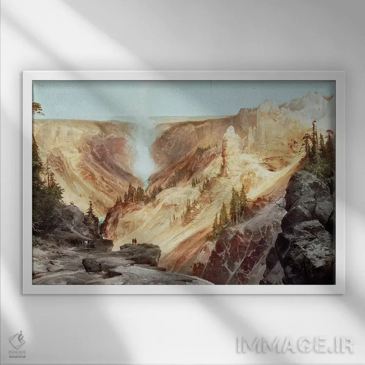 تابلو دره بزرگ یلواستون، ۱۸۷۲ (آمریکا) اثر توماس موران (نقاش منظره آمریکایی) - نمای قابدار سفید