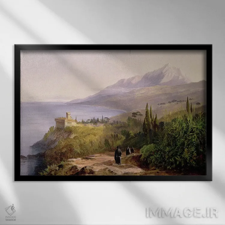 تابلو کوه آتوس و صومعه استاورونیکتس، ۱۸۵۷ (یونان) اثر ادوارد لیر (شاعر و تصویرگر انگلیسی) - نمای قابدار مشکی