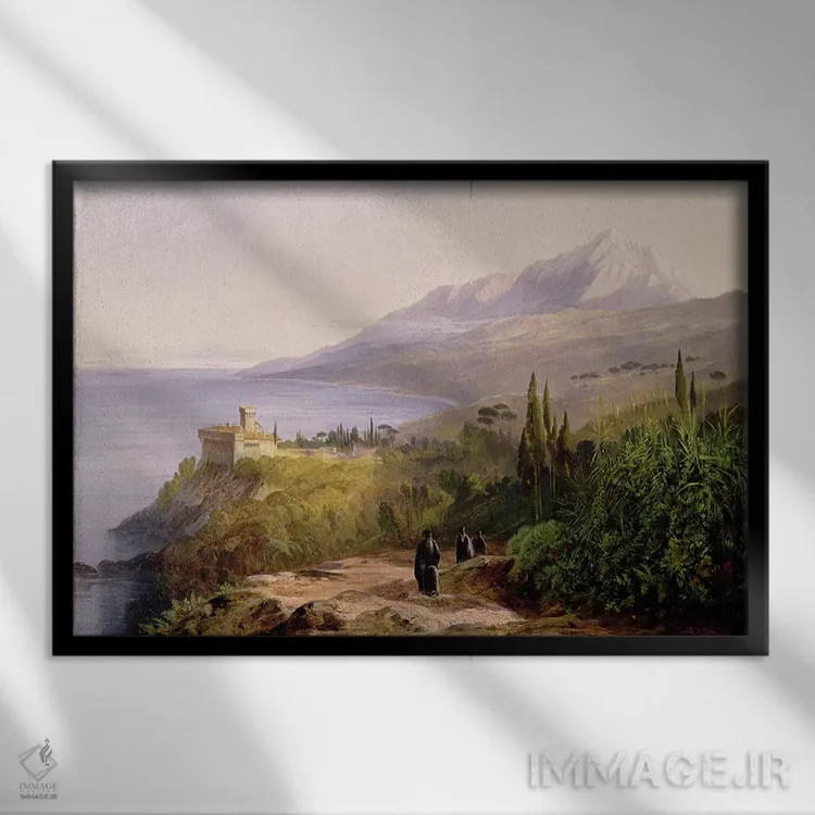 تابلو کوه آتوس و صومعه استاورونیکتس، ۱۸۵۷ (یونان) اثر ادوارد لیر (شاعر و تصویرگر انگلیسی) - نمای قابدار مشکی
