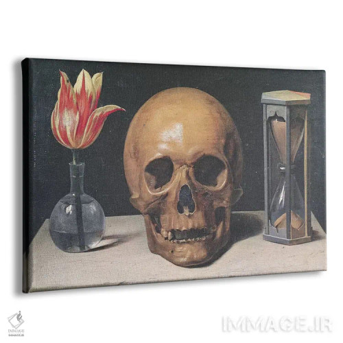 تابلو طبیعت بیجان وانیتاز با لاله، جمجمه و ساعت شنی (ژانر نماد مرگ) اثر فیلیپ دو شامپانی - نمای پرسپکتیو محصول