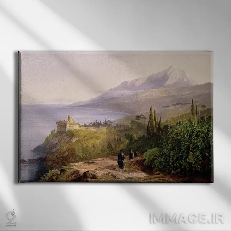 تابلو کوه آتوس و صومعه استاورونیکتس، ۱۸۵۷ (یونان) اثر ادوارد لیر (شاعر و تصویرگر انگلیسی) - نمای روبهرو روی دیوار
