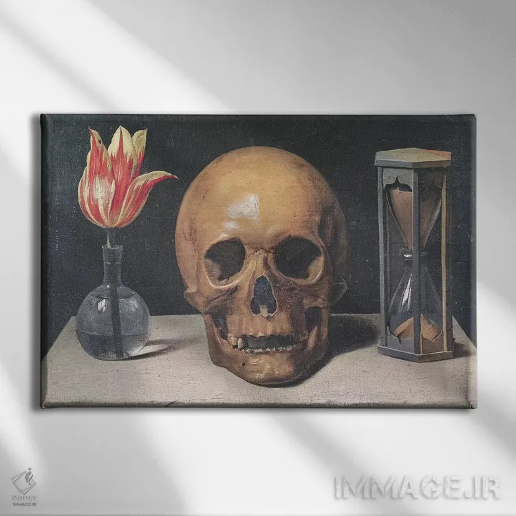 تابلو طبیعت بیجان وانیتاز با لاله، جمجمه و ساعت شنی (ژانر نماد مرگ) اثر فیلیپ دو شامپانی - نمای روبهرو روی دیوار