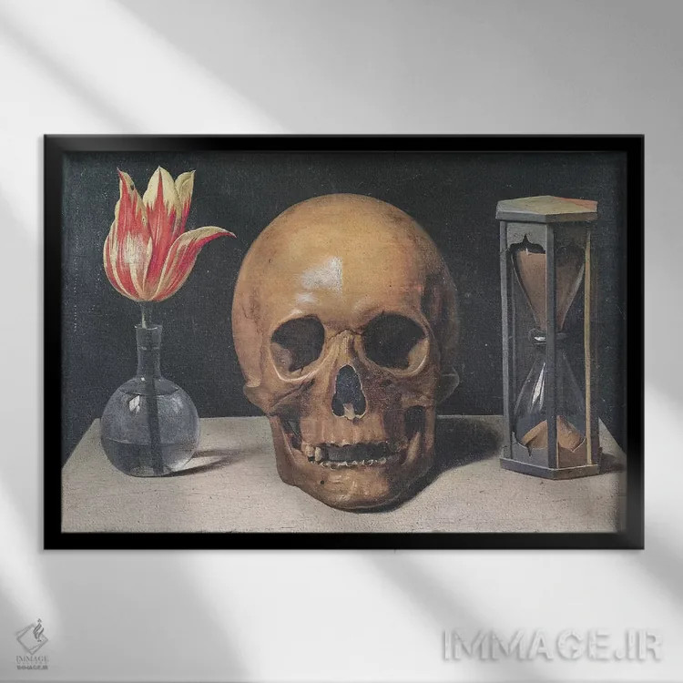 تابلو طبیعت بیجان وانیتاز با لاله، جمجمه و ساعت شنی (ژانر نماد مرگ) اثر فیلیپ دو شامپانی - نمای قابدار مشکی