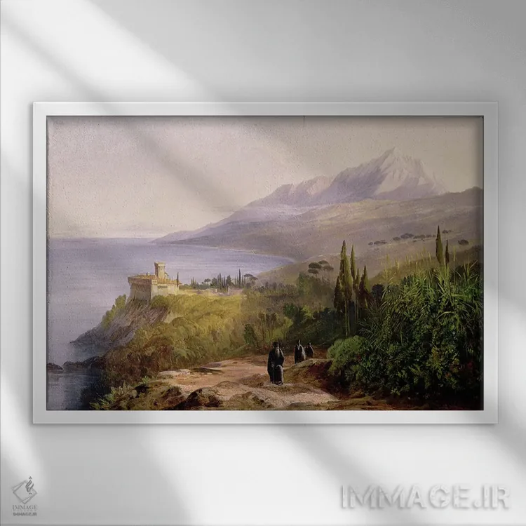 تابلو کوه آتوس و صومعه استاورونیکتس، ۱۸۵۷ (یونان) اثر ادوارد لیر (شاعر و تصویرگر انگلیسی) - نمای قابدار سفید