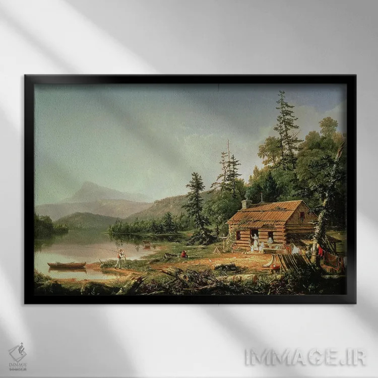 تابلو خانهای در جنگل، ۱۸۴۷ اثر توماس کول (نقاش آمریکایی سبک منظره) - نمای قابدار مشکی