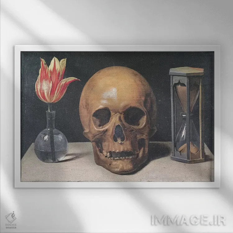 تابلو طبیعت بیجان وانیتاز با لاله، جمجمه و ساعت شنی (ژانر نماد مرگ) اثر فیلیپ دو شامپانی - نمای قابدار سفید
