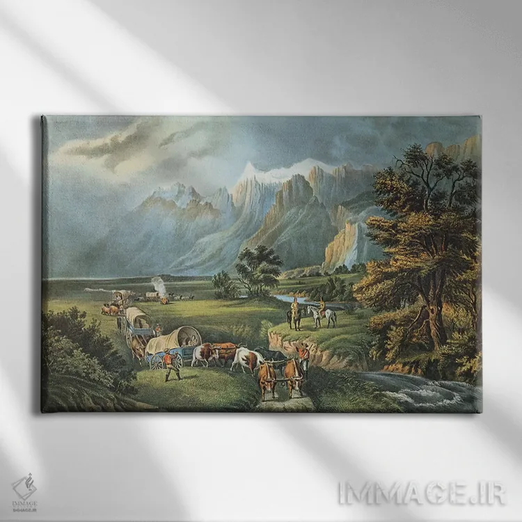 تابلو کوههای راکی: مهاجران در حال عبور از دشتها، ۱۸۶۶ اثر ان. کریر (نقاش/آرشیویست) - نمای روبهرو روی دیوار