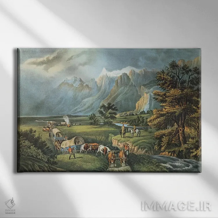 تابلو کوههای راکی: مهاجران در حال عبور از دشتها، ۱۸۶۶ اثر ان. کریر (نقاش/آرشیویست) - نمای روبهرو روی دیوار