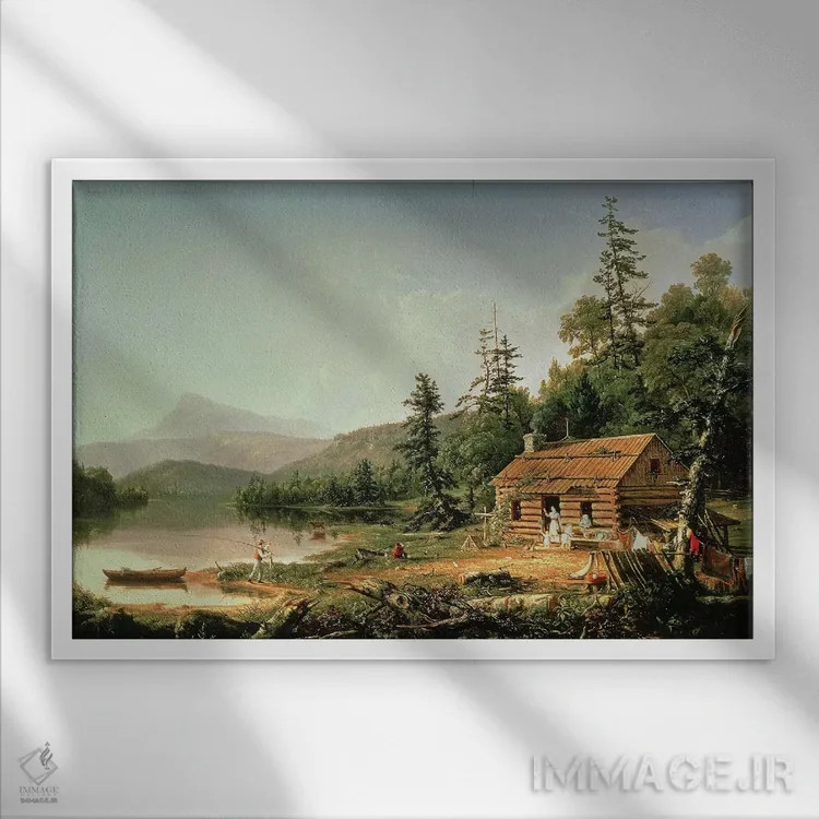 تابلو خانهای در جنگل، ۱۸۴۷ اثر توماس کول (نقاش آمریکایی سبک منظره) - نمای قابدار سفید