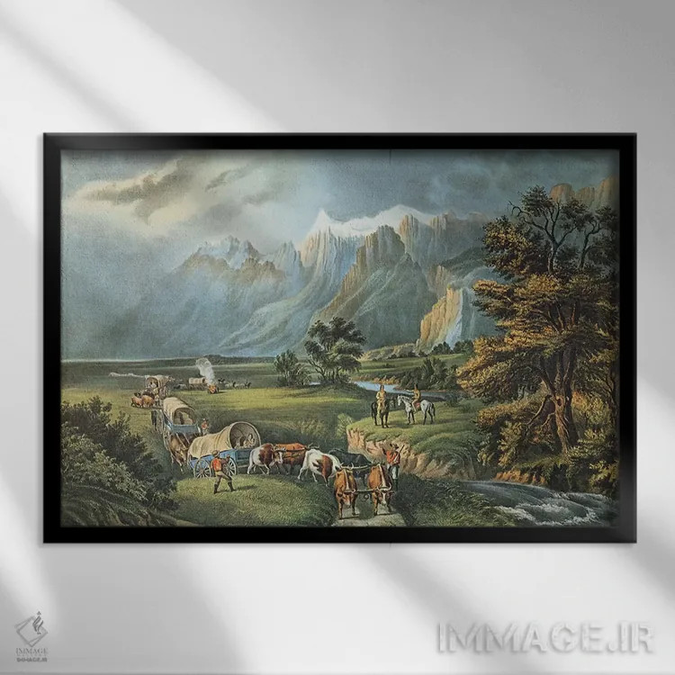 تابلو کوههای راکی: مهاجران در حال عبور از دشتها، ۱۸۶۶ اثر ان. کریر (نقاش/آرشیویست) - نمای قابدار مشکی
