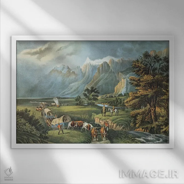 تابلو کوههای راکی: مهاجران در حال عبور از دشتها، ۱۸۶۶ اثر ان. کریر (نقاش/آرشیویست) - نمای قابدار سفید