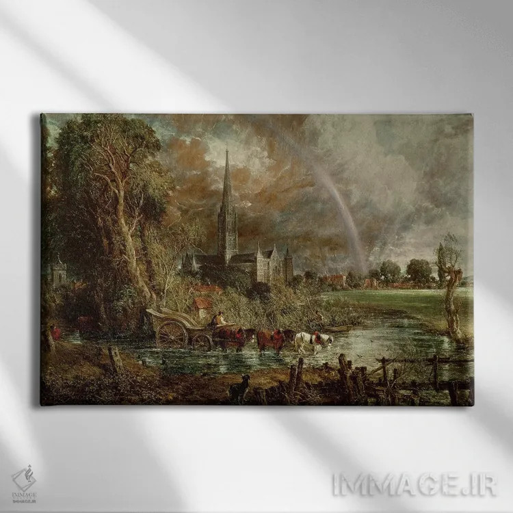 تابلو کلیسای جامع سالزبری از میان چمنزارها، ۱۸۳۱ اثر جان کانستبل (نقاش انگلیسی) - نمای روبهرو روی دیوار
