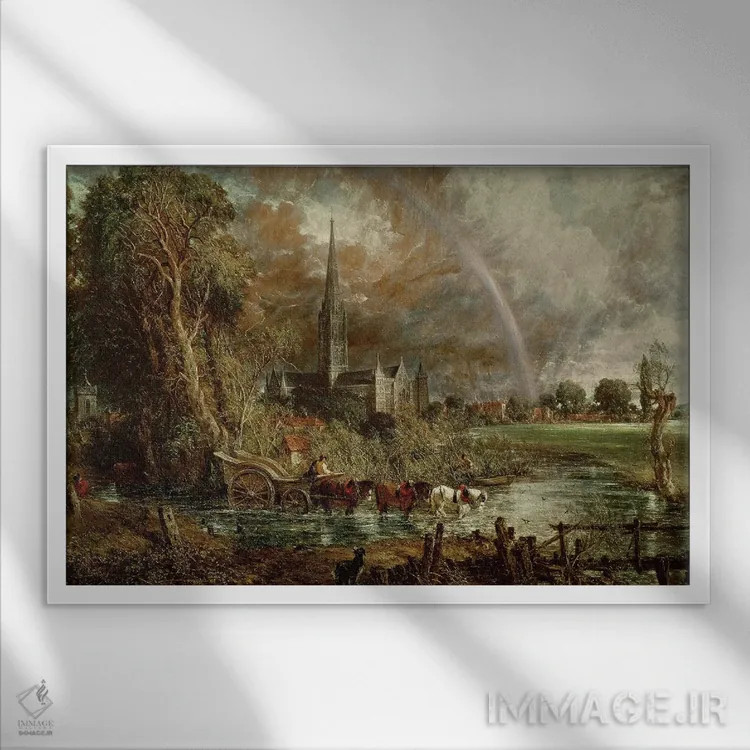 تابلو کلیسای جامع سالزبری از میان چمنزارها، ۱۸۳۱ اثر جان کانستبل (نقاش انگلیسی) - نمای قابدار سفید
