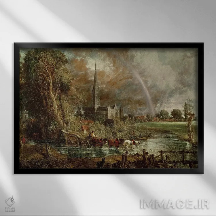 تابلو کلیسای جامع سالزبری از میان چمنزارها، ۱۸۳۱ اثر جان کانستبل (نقاش انگلیسی) - نمای قابدار مشکی