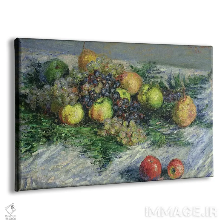 تابلو طبیعت بیجان با گلابی و انگور، ۱۸۸۰ اثر کلود مونه (نقاش معروف فرانسوی) - نمای پرسپکتیو محصول