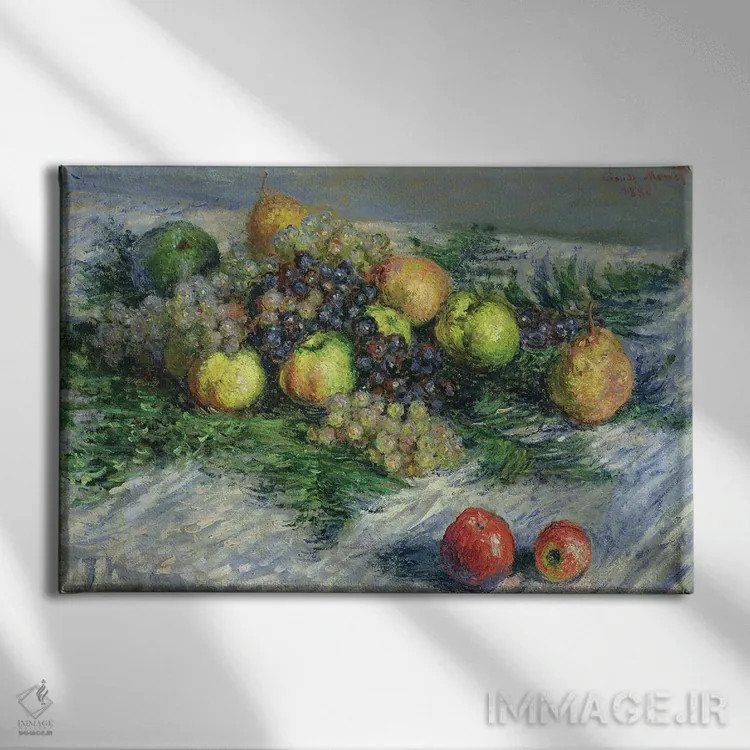 تابلو طبیعت بیجان با گلابی و انگور، ۱۸۸۰ اثر کلود مونه (نقاش معروف فرانسوی) - نمای روبهرو روی دیوار
