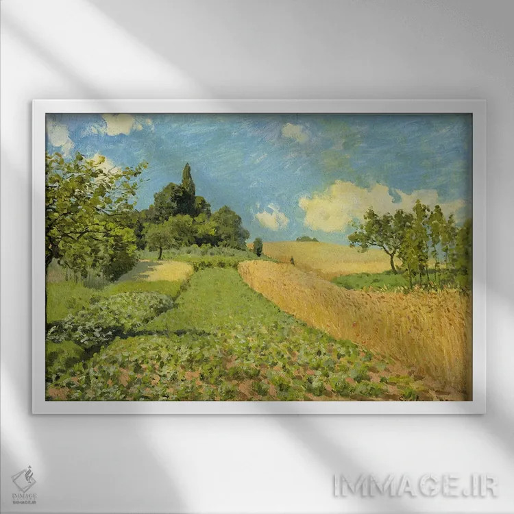 تابلو مزرعه ذرت اثر آلفرد سیسلی (نقاش امپرسیونیست انگلیسی-فرانسوی) - نمای قابدار سفید