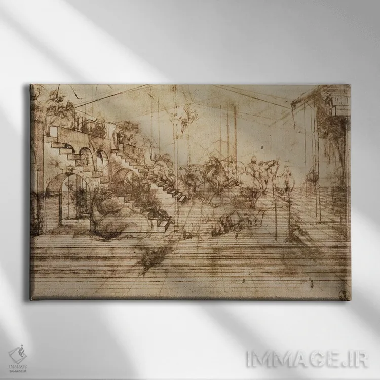 تابلو مطالعه پرسپکتیو برای پسزمینه پرستش مغها اثر لئوناردو داوینچی (نقاش و مخترع ایتالیایی) - نمای روبهرو روی دیوار
