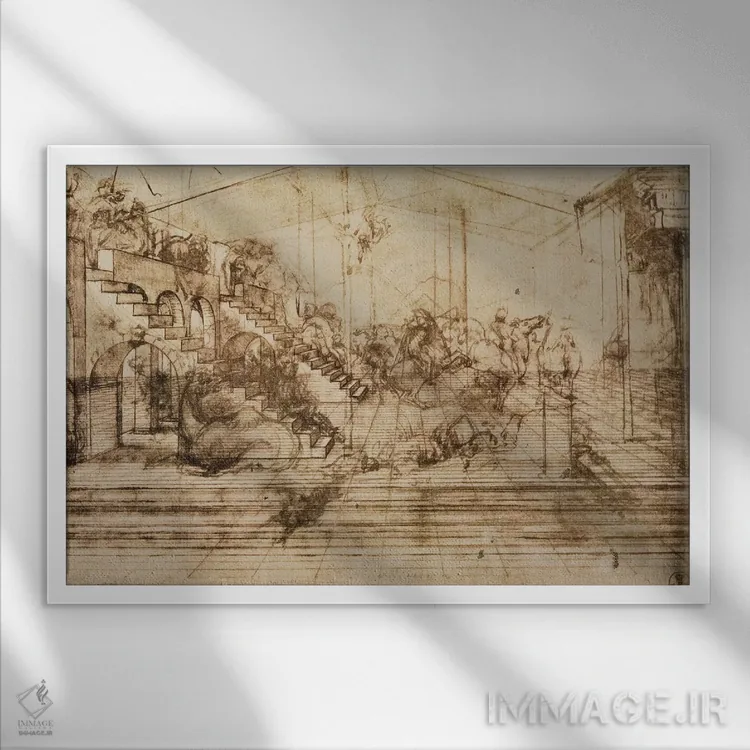 تابلو مطالعه پرسپکتیو برای پسزمینه پرستش مغها اثر لئوناردو داوینچی (نقاش و مخترع ایتالیایی) - نمای قابدار سفید